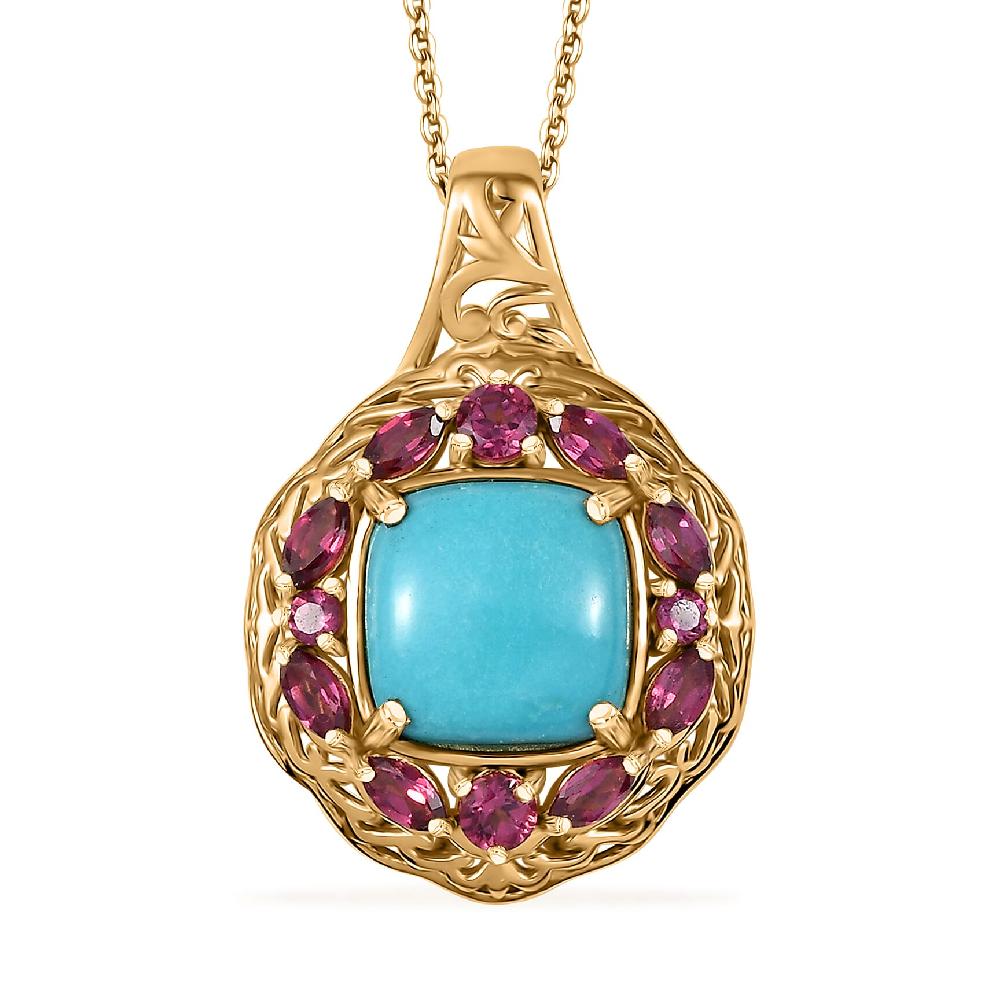 shop lc D'Joy Premium Sleeping Beauty Turquoise Orissa Rhodolite Garnet 4.75 ctw Twilight Bloom Pendant Necklace 20 Inches in 18K Vermeil Yellow Gold Over Sterling Silver