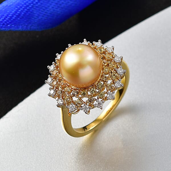 Shop Lc D'Joy Premium South Sea Golden Cultured Pearl And Multi Gemstone 1.00 Ctw Golden Sunflare Ring In 18K Vermeil Yellow Gold Over Sterling Silver