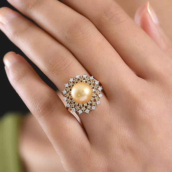 Shop Lc D'Joy Premium South Sea Golden Cultured Pearl And Multi Gemstone 1.00 Ctw Golden Sunflare Ring In 18K Vermeil Yellow Gold Over Sterling Silver