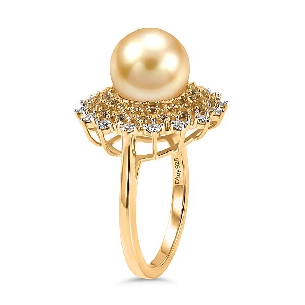 Shop Lc D'Joy Premium South Sea Golden Cultured Pearl And Multi Gemstone 1.00 Ctw Golden Sunflare Ring In 18K Vermeil Yellow Gold Over Sterling Silver