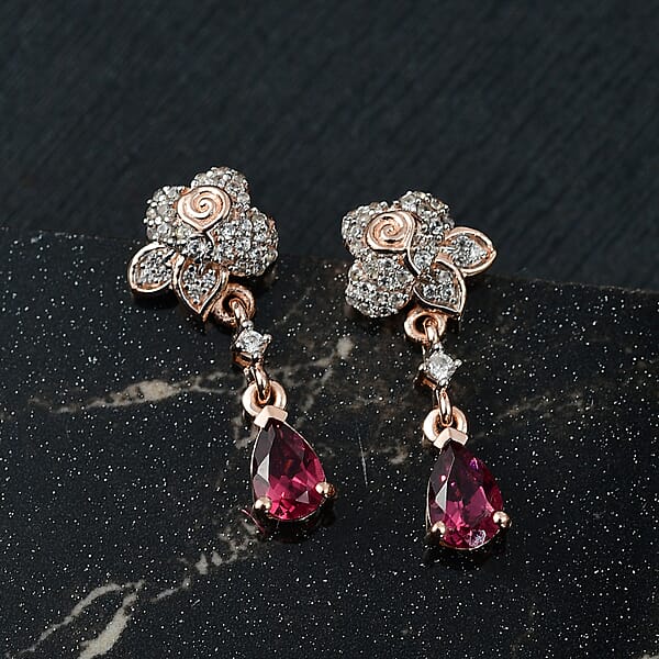 Shop Lc D'Joy Premium Tanzanian Wine Garnet And White Zircon 1.40 Ctw Floral Drop Earrings In 18K Vermeil Rose Gold Over Sterling Silver