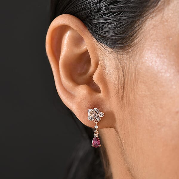 Shop Lc D'Joy Premium Tanzanian Wine Garnet And White Zircon 1.40 Ctw Floral Drop Earrings In 18K Vermeil Rose Gold Over Sterling Silver