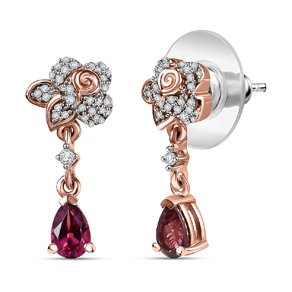 shop lc D'Joy Premium Tanzanian Wine Garnet and White Zircon 1.40 ctw Floral Drop Earrings in 18K Vermeil Rose Gold Over Sterling Silver