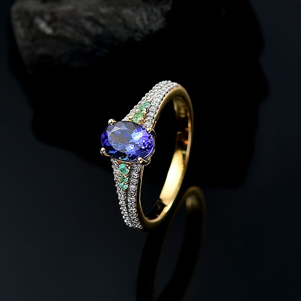 Shop Lc D'Joy Premium Tanzanite AAA Paraiba Tourmaline And Diamond 1.30 Ctw Ring In 18K Vermeil Yellow Gold Over Sterling Silver
