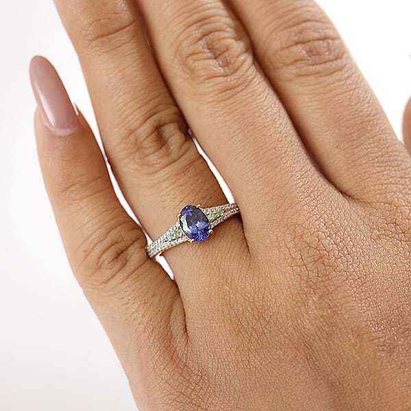 Shop Lc D'Joy Premium Tanzanite AAA Paraiba Tourmaline And Diamond 1.30 Ctw Ring In 18K Vermeil Yellow Gold Over Sterling Silver
