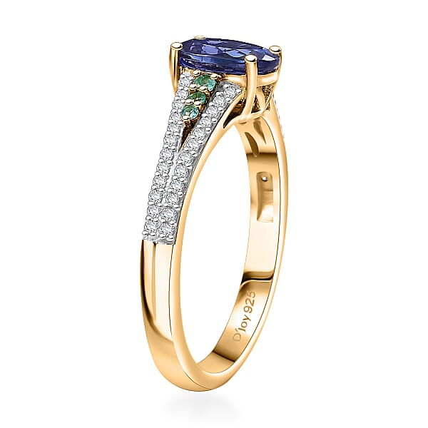 Shop Lc D'Joy Premium Tanzanite AAA Paraiba Tourmaline And Diamond 1.30 Ctw Ring In 18K Vermeil Yellow Gold Over Sterling Silver