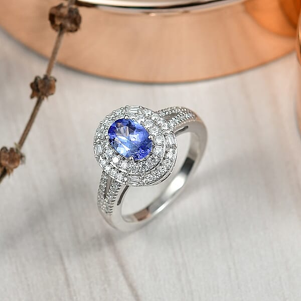 Shop Lc D'Joy Premium Tanzanite And Moissanite 1.60 Ctw Celestial Halo Ring In Rhodium Over Sterling Silver