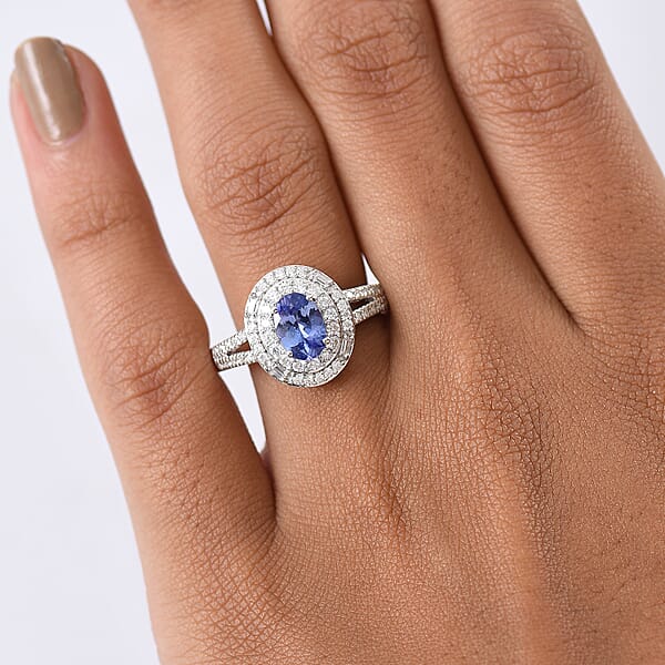 Shop Lc D'Joy Premium Tanzanite And Moissanite 1.60 Ctw Celestial Halo Ring In Rhodium Over Sterling Silver