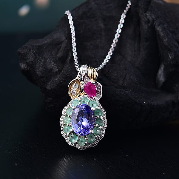 Shop Lc D'Joy Premium Tanzanite And Multi Gemstone 2.00 Ctw Floral Pendant Necklace 20 Inches In 18K Vermeil YG And Rhodium Over Sterling Silver
