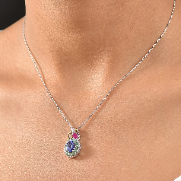 Shop Lc D'Joy Premium Tanzanite And Multi Gemstone 2.00 Ctw Floral Pendant Necklace 20 Inches In 18K Vermeil YG And Rhodium Over Sterling Silver