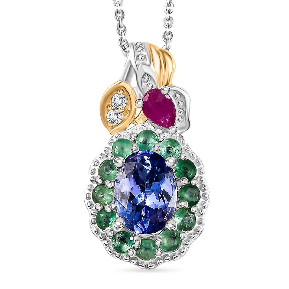 shop lc D'Joy Premium Tanzanite and Multi Gemstone 2.00 ctw Floral Pendant Necklace 20 Inches in 18K Vermeil YG and Rhodium Over Sterling Silver