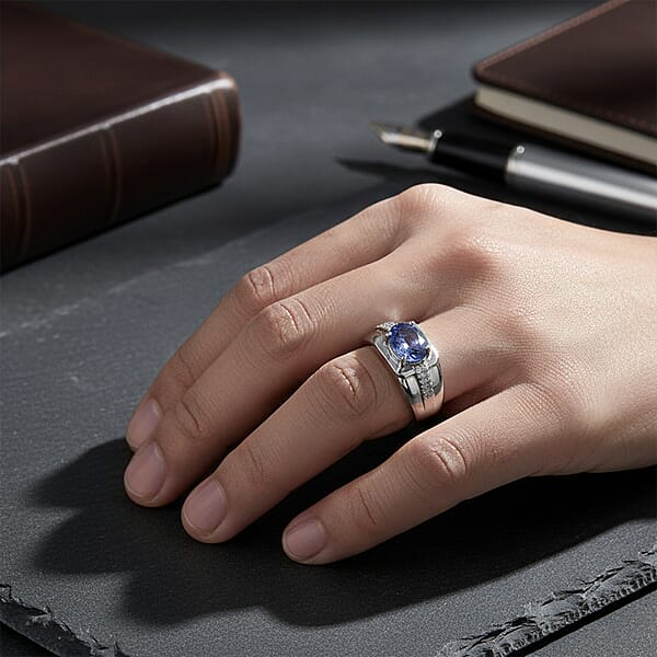 Shop Lc D'Joy Premium Tanzanite And White Zircon 1.20 Ctw Art Deco Men's Ring In Rhodium Over Sterling Silver
