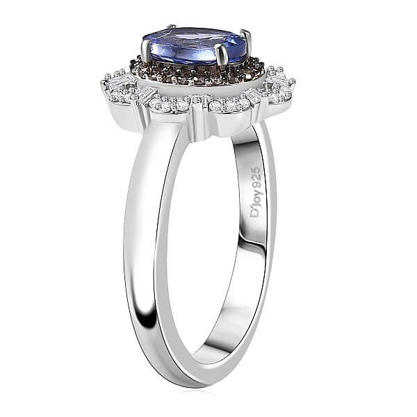 Shop Lc D'Joy Premium Tanzanite Natural Champagne And White Diamond 1.00 Ctw Floral Halo Ring In Rhodium Over Sterling Silver