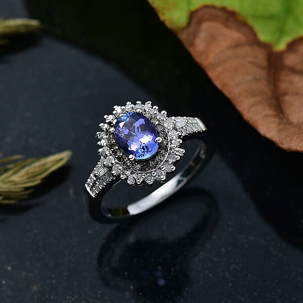 Shop Lc D'Joy Premium Tanzanite Natural Champagne And White Diamond 1.60 Ctw Sunburst Halo Ring In Rhodium Over Sterling Silver