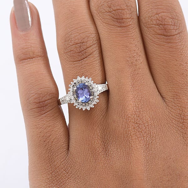 Shop Lc D'Joy Premium Tanzanite Natural Champagne And White Diamond 1.60 Ctw Sunburst Halo Ring In Rhodium Over Sterling Silver