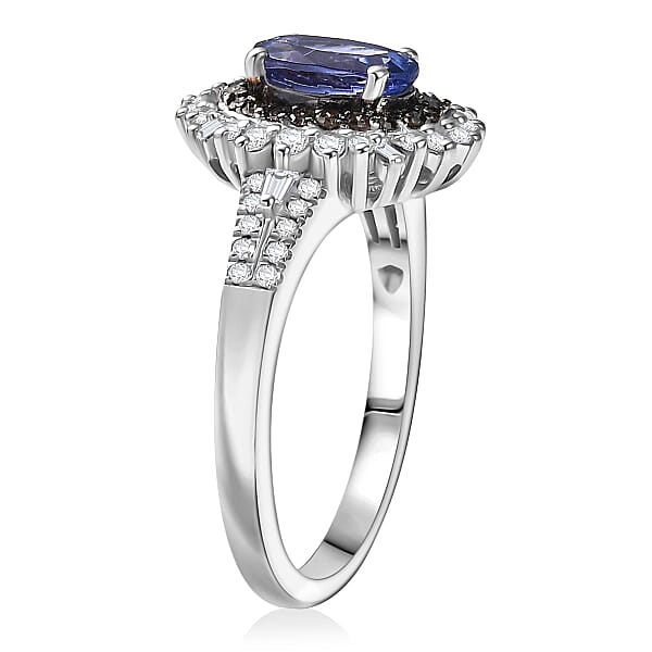 Shop Lc D'Joy Premium Tanzanite Natural Champagne And White Diamond 1.60 Ctw Sunburst Halo Ring In Rhodium Over Sterling Silver