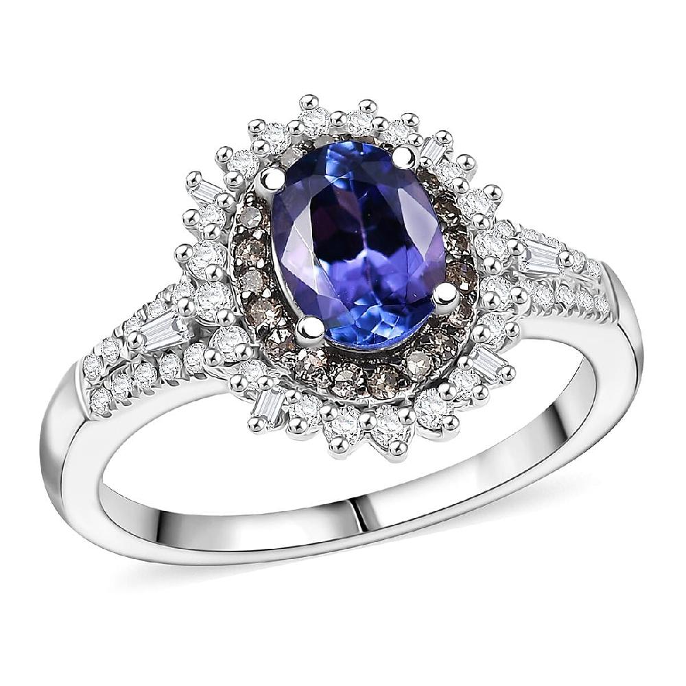 shop lc D'Joy Premium Tanzanite Natural Champagne and White Diamond 1.60 ctw Sunburst Halo Ring in Rhodium Over Sterling Silver
