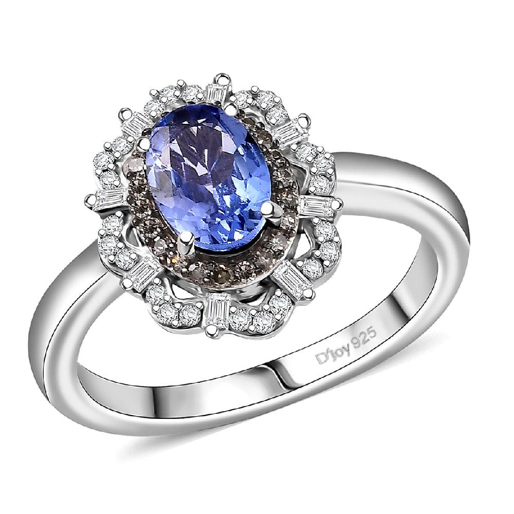 shop lc D'Joy Premium Tanzanite Natural Champagne and White Diamond 1.00 ctw Floral Halo Ring in Rhodium Over Sterling Silver