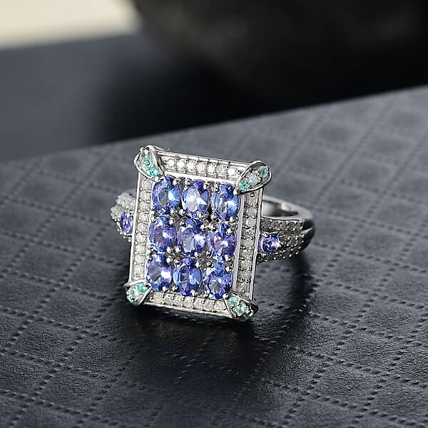 Shop Lc D'Joy Premium Tanzanite Paraiba Tourmaline And Diamond 2.15 Ctw 9 Planet Ring In Rhodium Over Sterling Silver