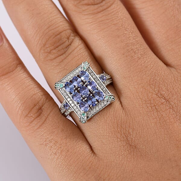 Shop Lc D'Joy Premium Tanzanite Paraiba Tourmaline And Diamond 2.15 Ctw 9 Planet Ring In Rhodium Over Sterling Silver