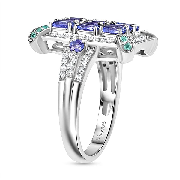 Shop Lc D'Joy Premium Tanzanite Paraiba Tourmaline And Diamond 2.15 Ctw 9 Planet Ring In Rhodium Over Sterling Silver