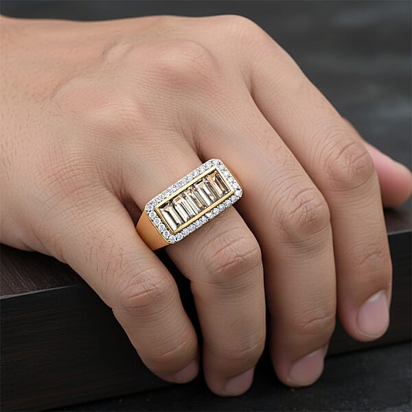 Shop Lc D'Joy Premium Turkizite And Moissanite 2.65 Ctw Victory Frame Men's Ring In 18K Vermeil Yellow Gold Over Sterling Silver