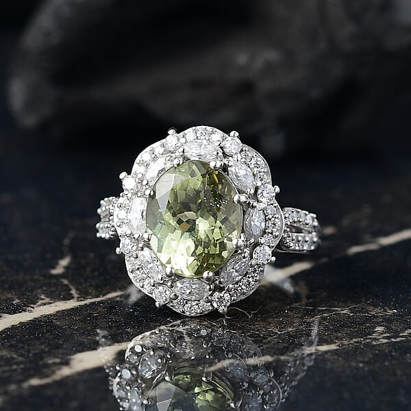 Shop Lc D'Joy Premium Yellow Apatite And Moissanite 5.10 Ctw Imperial Dawn Ring In Rhodium Over Sterling Silver