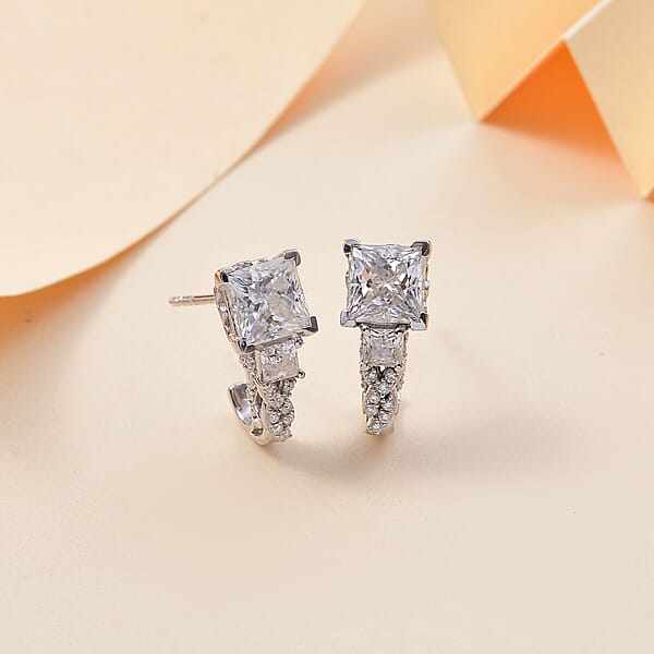 Shop Lc D'Joy Princess Cut Moissanite Sapphire J-Hoop Earrings In Rhodium Over Sterling Silver 3.10 Ctw