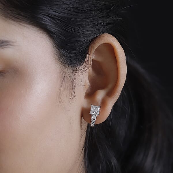 Shop Lc D'Joy Princess Cut Moissanite Sapphire J-Hoop Earrings In Rhodium Over Sterling Silver 3.10 Ctw