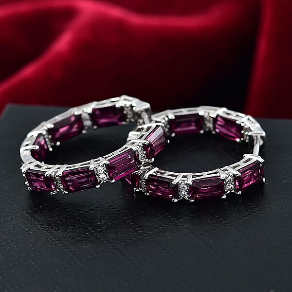 Shop Lc D'Joy Radiant Ember Garnet And White Zircon 10.40 Ctw Hoop Earrings In Rhodium Over Sterling Silver