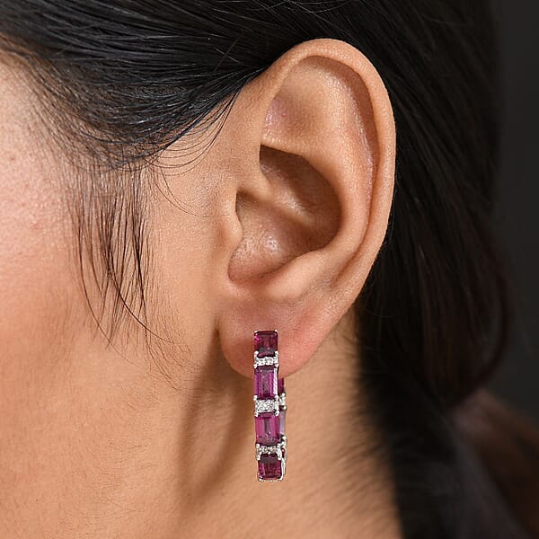 Shop Lc D'Joy Radiant Ember Garnet And White Zircon 10.40 Ctw Hoop Earrings In Rhodium Over Sterling Silver