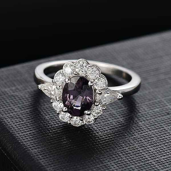 Shop Lc D'Joy Royal Lavender Spinel And Moissanite 2.20 Ctw Floral Ring In Rhodium Over Sterling Silver