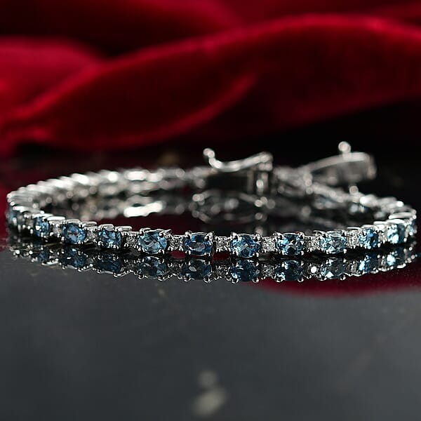 Shop Lc D'Joy Santa Maria Aquamarine And Moissanite 4.90 Ctw Blue Legacy Bracelet In Rhodium Over Sterling Silver (7.25 In)