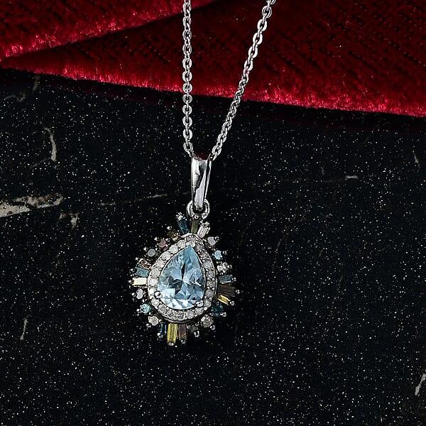 Shop Lc D'Joy Santa Maria Aquamarine And Multi Diamond 1.00 Ctw Firecracker Pendant Necklace 20 Inches In Rhodium Over Sterling Silver