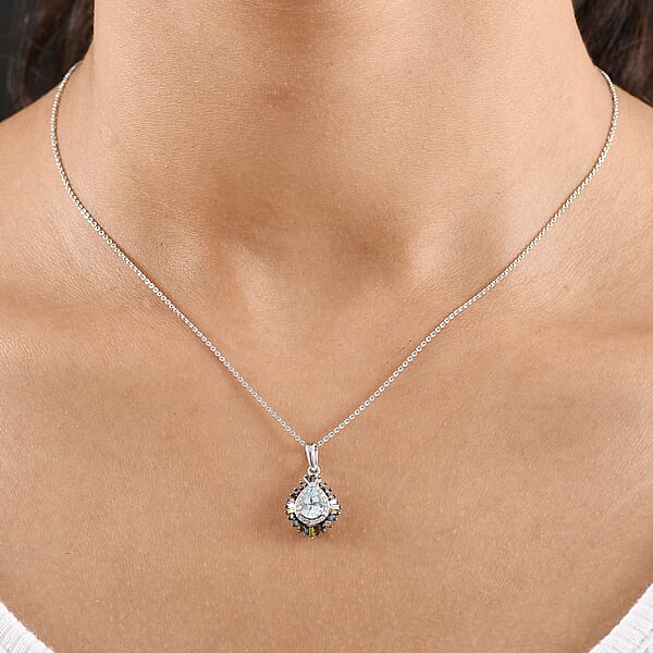 Shop Lc D'Joy Santa Maria Aquamarine And Multi Diamond 1.00 Ctw Firecracker Pendant Necklace 20 Inches In Rhodium Over Sterling Silver