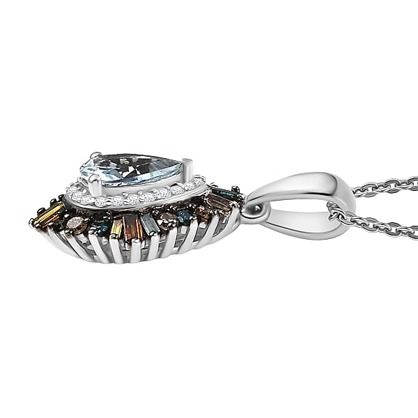 Shop Lc D'Joy Santa Maria Aquamarine And Multi Diamond 1.00 Ctw Firecracker Pendant Necklace 20 Inches In Rhodium Over Sterling Silver