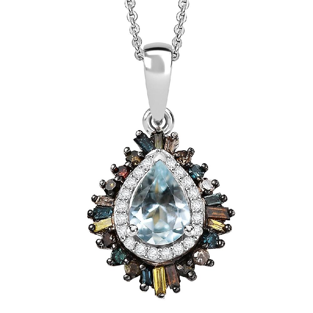 shop lc D'Joy Santa Maria Aquamarine and Multi Diamond 1.00 ctw Firecracker Pendant Necklace 20 Inches in Rhodium Over Sterling Silver