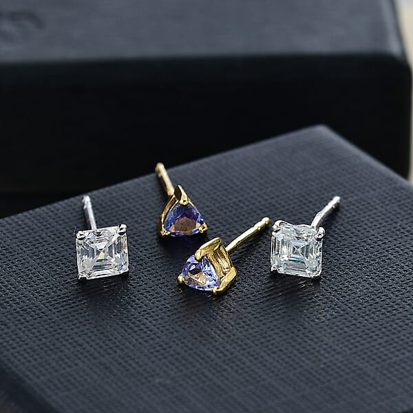 Shop Lc D'Joy Set Of 2 Moissanite And Tanzanite 1.80 Ctw Earrings In 18K Vermeil YG And Rhodium Over Sterling Silver