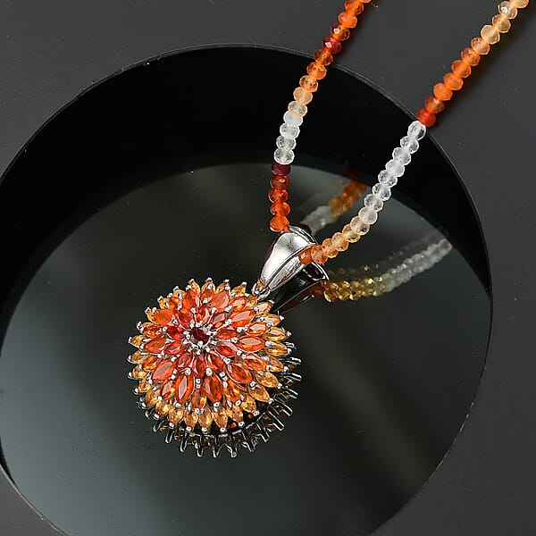 Shop Lc D'Joy Shades Of Fire Opal 37.70 Ctw Chrysanthemum Flower Pendant With Beaded Necklace 20 Inches In Rhodium Over Sterling Silver