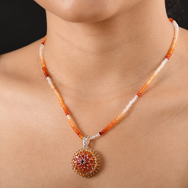 Shop Lc D'Joy Shades Of Fire Opal 37.70 Ctw Chrysanthemum Flower Pendant With Beaded Necklace 20 Inches In Rhodium Over Sterling Silver