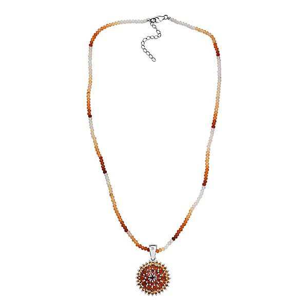 Shop Lc D'Joy Shades Of Fire Opal 37.70 Ctw Chrysanthemum Flower Pendant With Beaded Necklace 20 Inches In Rhodium Over Sterling Silver
