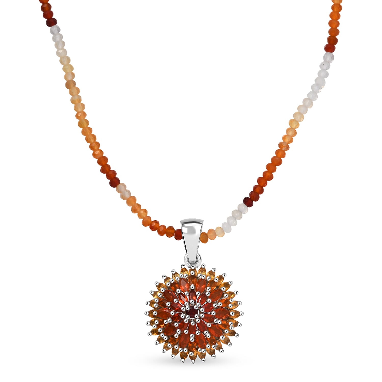 shop lc D'Joy Shades of Fire Opal 37.70 ctw Chrysanthemum Flower Pendant with Beaded Necklace 20 Inches in Rhodium Over Sterling Silver