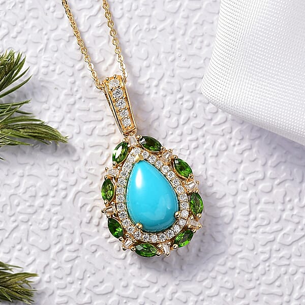 Shop Lc D’Joy Sleeping Beauty Turquoise And Multi Gemstone 4.00 Ctw Sunburst Halo Pendant Necklace In 18K Vermeil Yellow Gold Over Sterling Silver 20 Inches