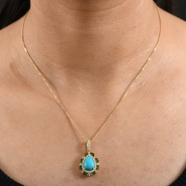 Shop Lc D’Joy Sleeping Beauty Turquoise And Multi Gemstone 4.00 Ctw Sunburst Halo Pendant Necklace In 18K Vermeil Yellow Gold Over Sterling Silver 20 Inches