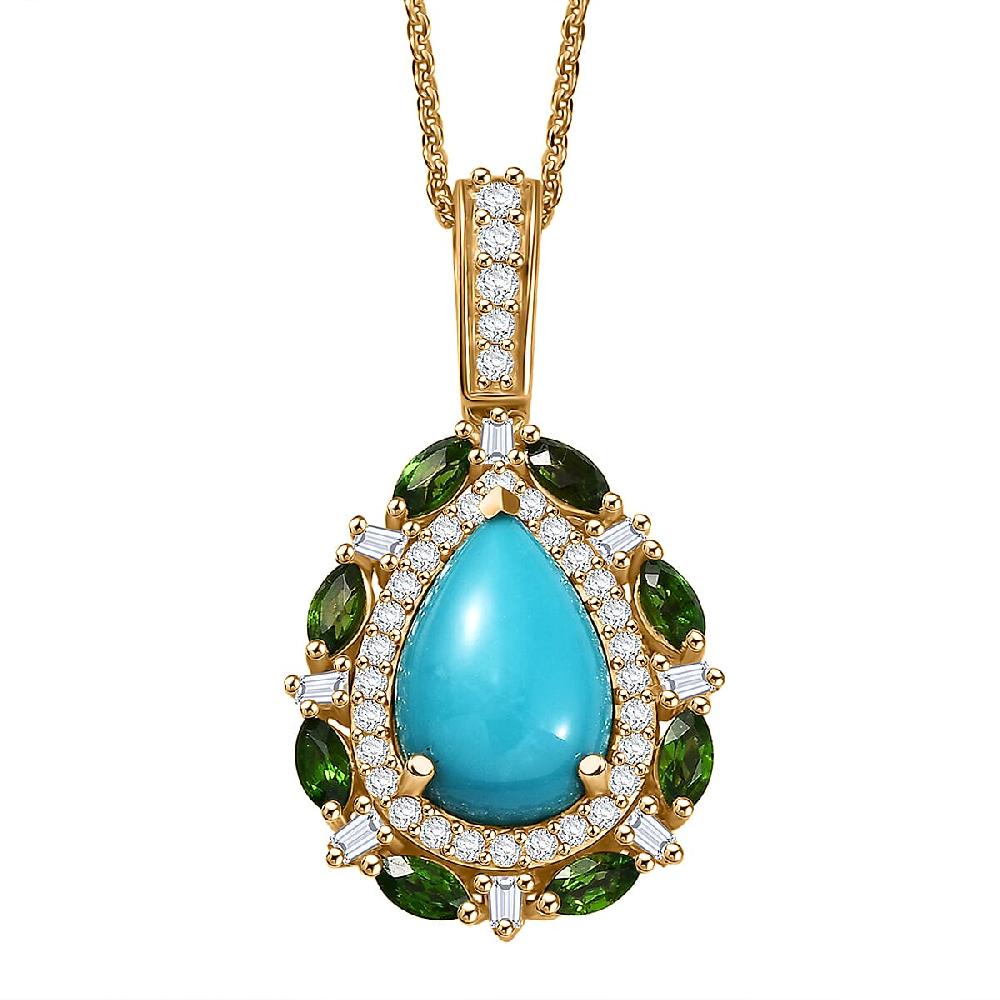 shop lc D’Joy Sleeping Beauty Turquoise and Multi Gemstone 4.00 ctw Sunburst Halo Pendant Necklace in 18K Vermeil Yellow Gold Over Sterling Silver 20 Inches
