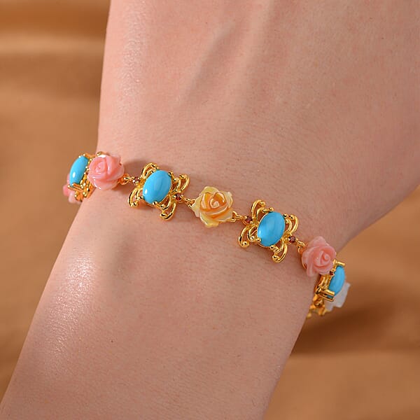 Shop Lc D'Joy Sleeping Beauty Turquoise Multi Color Mother Of Pearl Carved And Mozambique Garnet 5.65 Ctw Floral Bracelet In Vermeil Yellow Gold Over Sterling Silver (7.50 In)