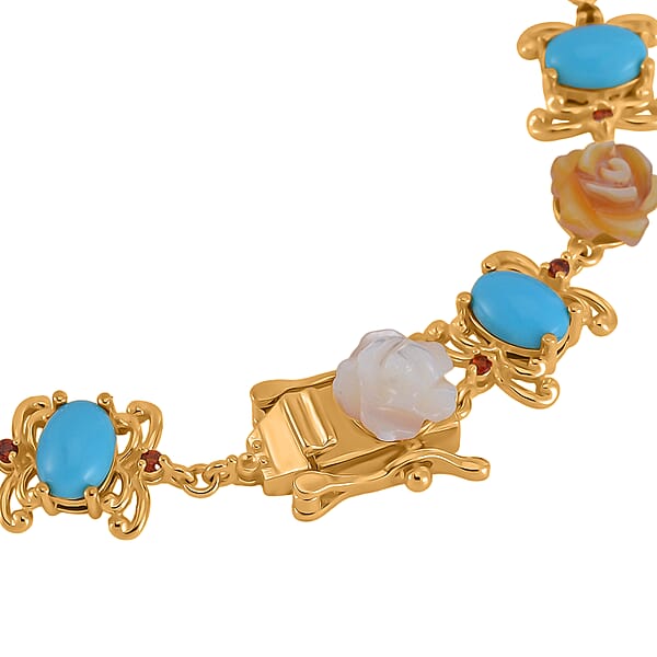 Shop Lc D'Joy Sleeping Beauty Turquoise Multi Color Mother Of Pearl Carved And Mozambique Garnet 5.65 Ctw Floral Bracelet In Vermeil Yellow Gold Over Sterling Silver (7.50 In)