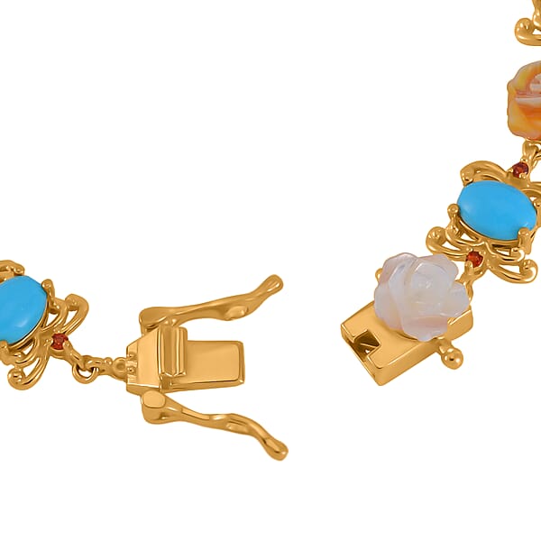 Shop Lc D'Joy Sleeping Beauty Turquoise Multi Color Mother Of Pearl Carved And Mozambique Garnet 5.65 Ctw Floral Bracelet In Vermeil Yellow Gold Over Sterling Silver (7.50 In)