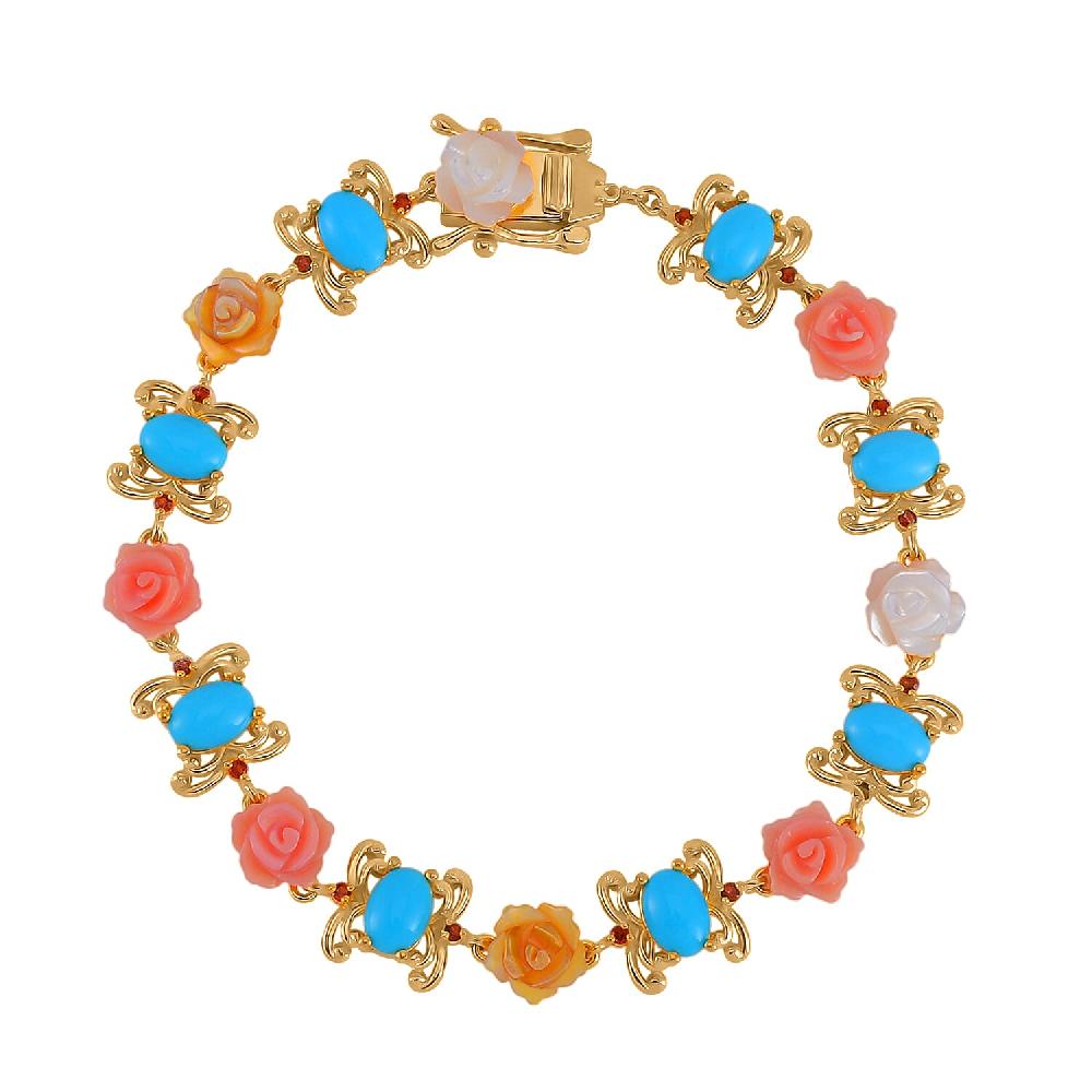 shop lc D'Joy Sleeping Beauty Turquoise Multi Color Mother Of Pearl Carved and Mozambique Garnet 5.65 ctw Floral Bracelet in Vermeil Yellow Gold Over Sterling Silver (7.50 In)