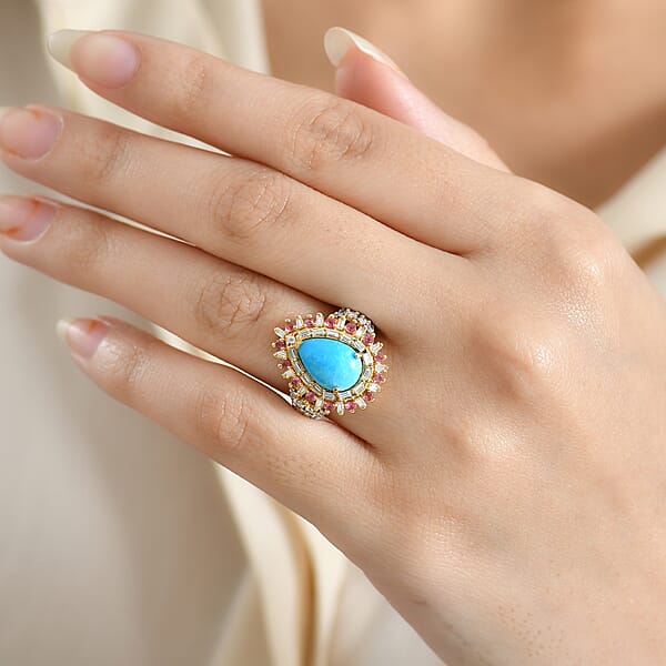 Shop Lc D'Joy Sleeping Beauty Turquoise Multi Gemstone Ring In 18K Vermeil YG Over Sterling Silver 3.80 Ctw